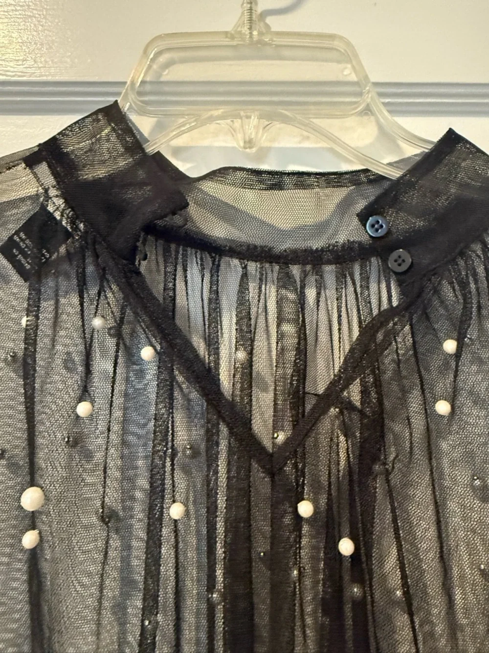 Forever 21 Black Sheer Pearl-Embellished Long Sleeve Blouse - Picture 5 of 6